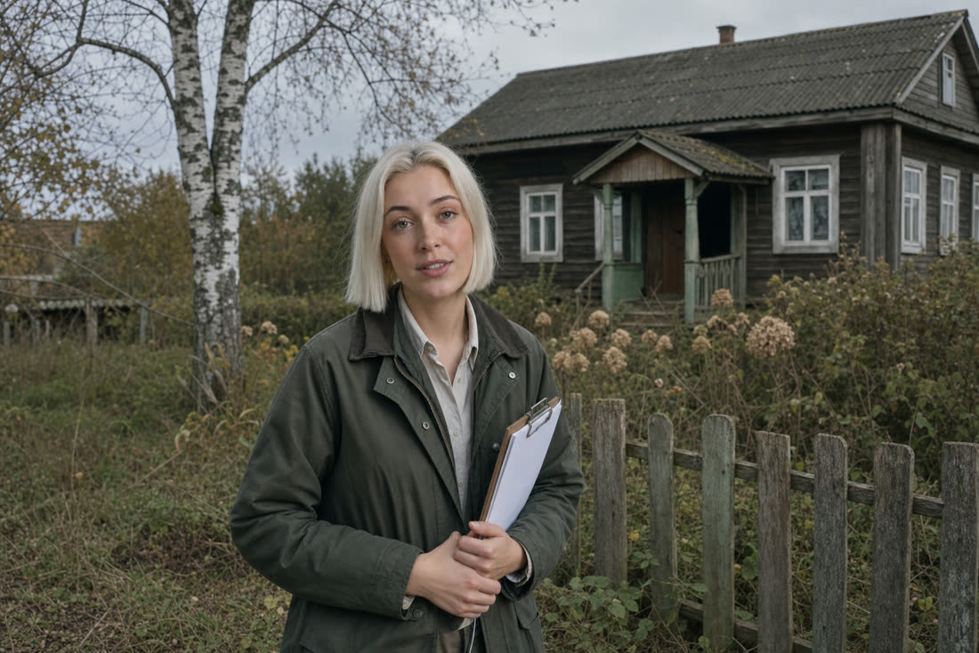 Лена, эксперт Центра земельного кадастра, у старого деревянного дома с папкой документов