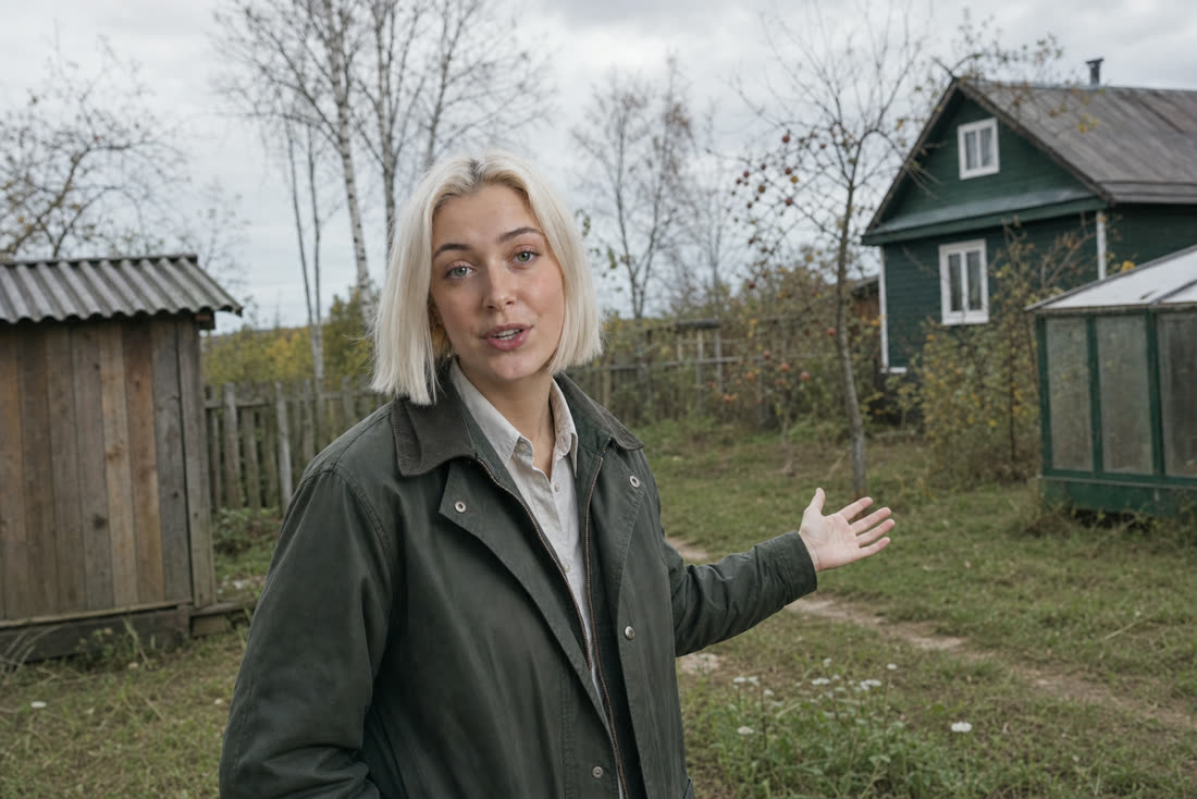 Лена, эксперт Центра земельного кадастра, во дворе дачи показывает на сарай и теплицу рядом с домом