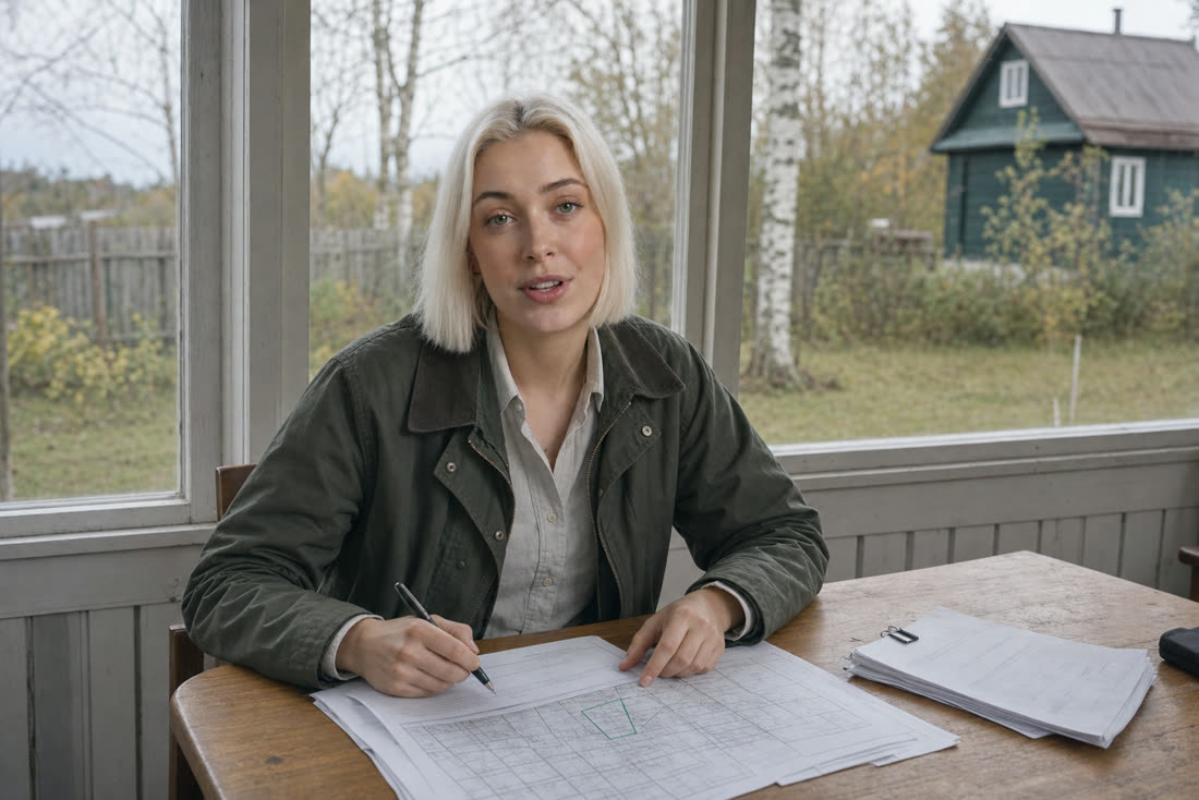 Лена, эксперт Центра земельного кадастра, за столом на веранде разбирает выписку и план участка