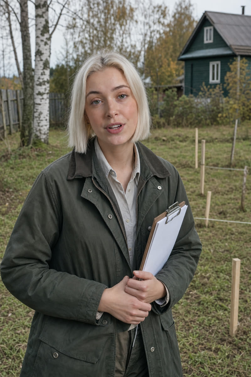 Лена, эксперт Центра земельного кадастра, на размеченном участке с документами