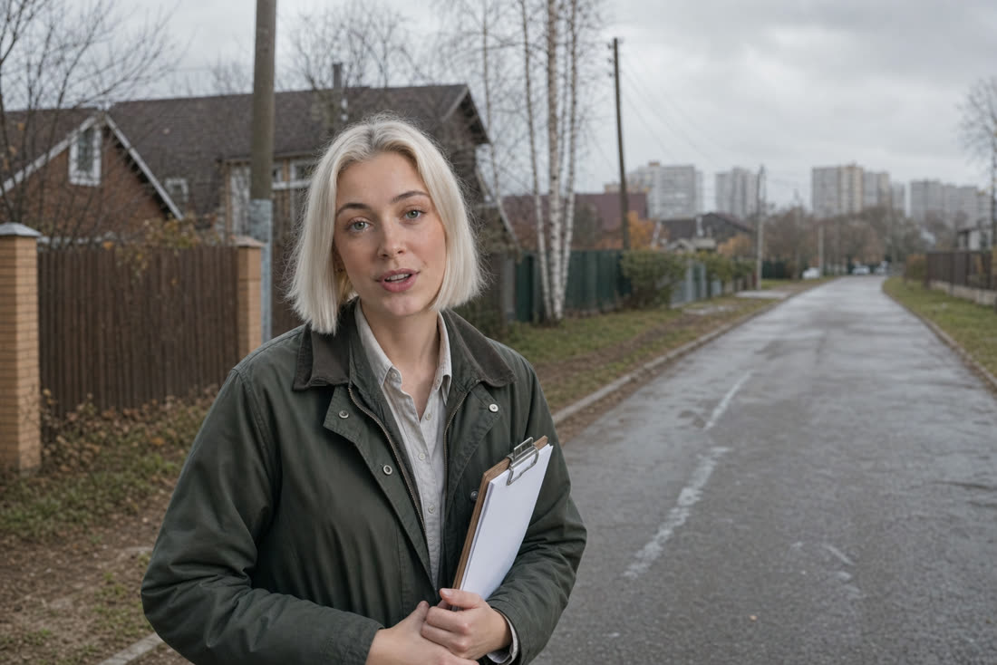 Лена, эксперт Центра земельного кадастра, на улице частного сектора, вдали городские многоэтажки