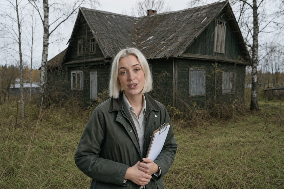 Лена, эксперт Центра земельного кадастра, у заброшенного деревянного дома с заколоченными окнами