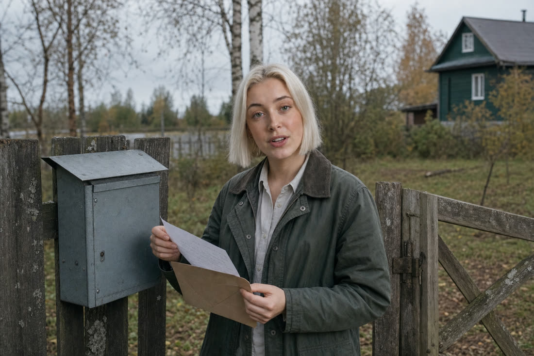 Лена, эксперт Центра земельного кадастра, у дачного почтового ящика с распечатанным письмом в руках