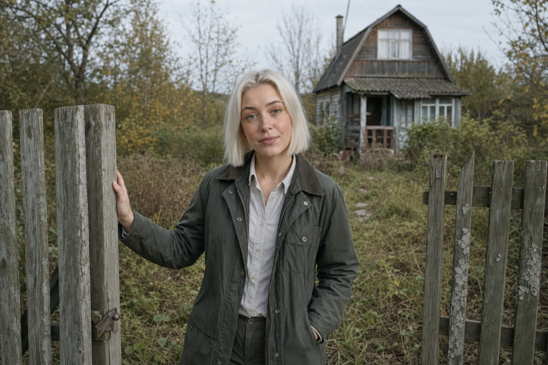 Лена, эксперт Центра земельного кадастра, у открытой калитки некошеного участка со старым деревянным домом