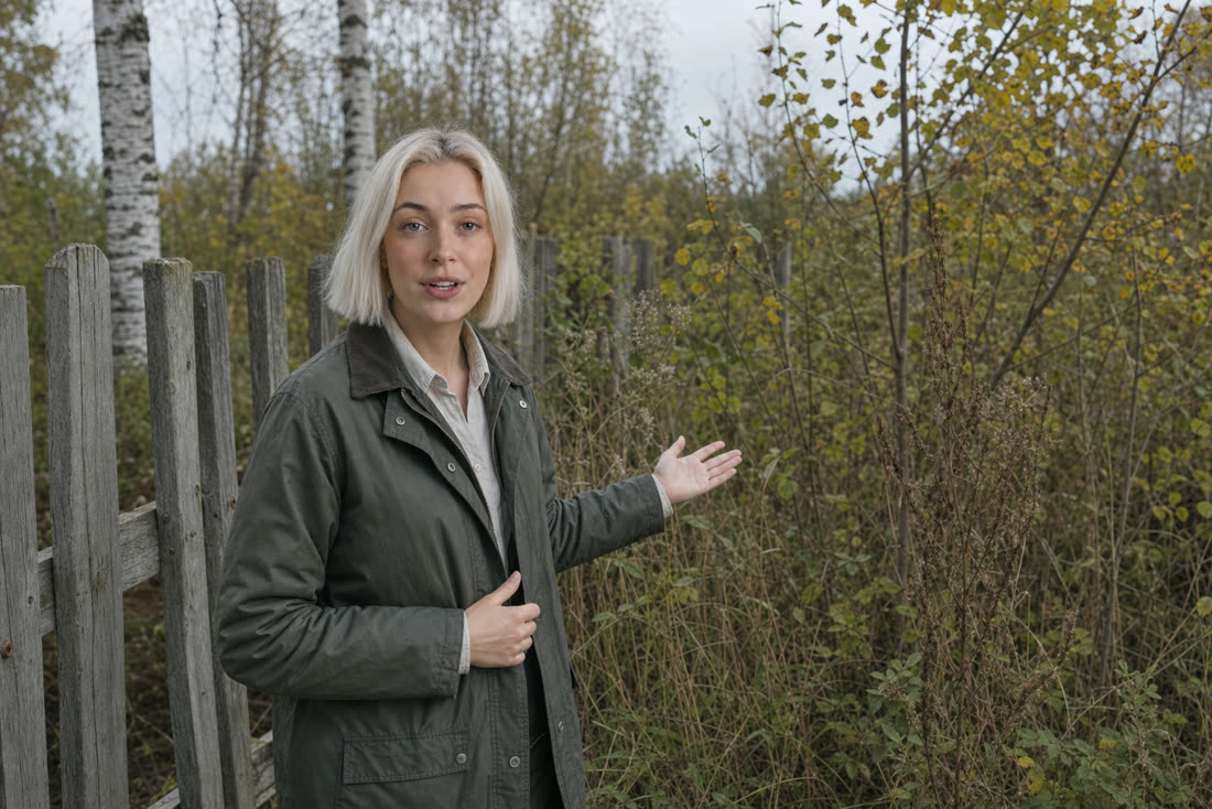 Лена, эксперт Центра земельного кадастра, у заросшего участка показывает рукой на бурьян и молодую поросль