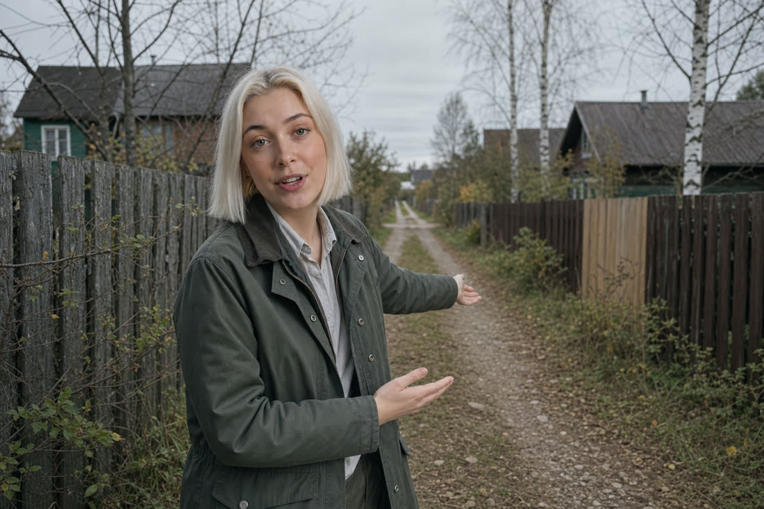 Лена, эксперт Центра земельного кадастра, на дорожке между заборами двух соседних участков