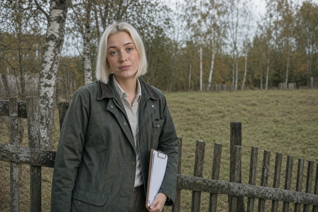 Лена, эксперт Центра земельного кадастра, у деревянного забора с планшетом для бумаг в руке