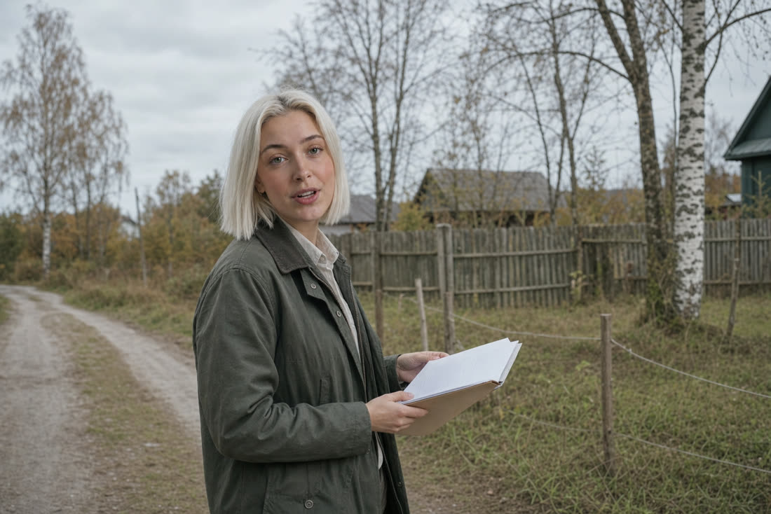 Лена, эксперт Центра земельного кадастра, на просёлочной дороге сверяется с бумагами в папке
