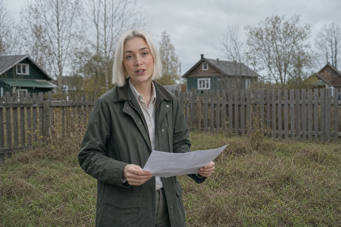 Лена, эксперт Центра земельного кадастра, у края участка читает документ и смотрит в камеру
