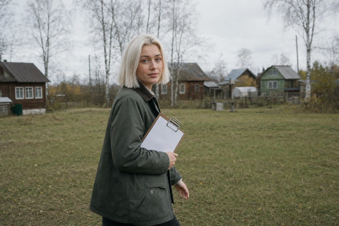 Лена, эксперт Центра земельного кадастра, идёт по пустому участку в дачном посёлке с планшетом для бумаг