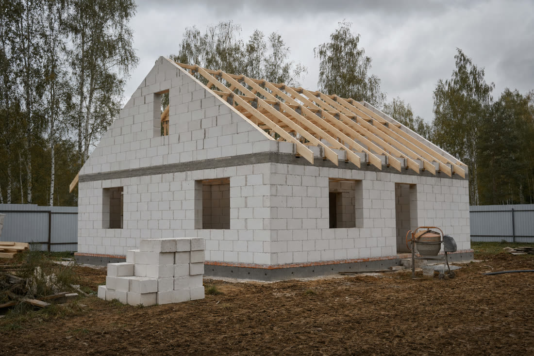 Частный дом на этапе строительства: стены из газобетона, установлены деревянные стропила, рядом поддон с блоками и бетономешалка